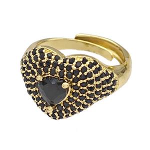 Copper Heart Rings Micro Pave Black Zirconia Adjustable Gold Plated, approx 14mm, 18mm dia