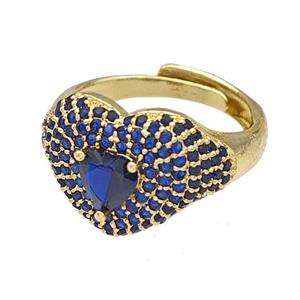 Copper Heart Rings Micro Pave Blue Zirconia Adjustable Gold Plated, approx 14mm, 18mm dia