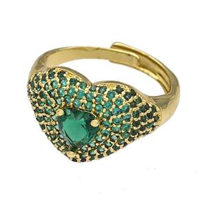 Copper Heart Rings Micro Pave Green Zirconia Adjustable Gold Plated, approx 14mm, 18mm dia