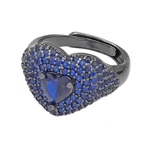 Copper Heart Rings Micro Pave Blue Zirconia Adjustable Black Plated, approx 14mm, 18mm dia