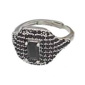 Copper Rings Micro Pave Black Zirconia Adjustable Platinum Plated, approx 13-16mm, 18mm dia