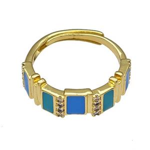 Copper Rings Pave Zircon Blue Enamel Adjustable Gold Plated, approx 6mm, 18mm dia