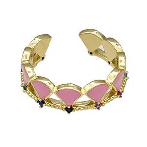 Copper Rings Pave Zircon Pink Enamel Adjustable Gold Plated, approx 6mm, 18mm dia