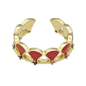 Copper Rings Pave Zircon Red Enamel Adjustable Gold Plated, approx 6mm, 18mm dia