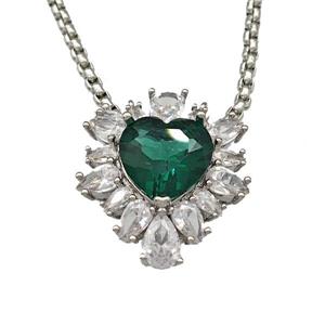 Copper Necklace Heart Micro Pave Green Crystal Glass Platinum Plated, approx 19-22mm, 2mm, 40-45cm length