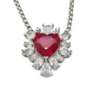 Copper Necklace Heart Micro Pave Red Crystal Glass Platinum Plated, approx 19-22mm, 2mm, 40-45cm length