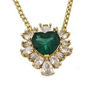 Copper Necklace Heart Micro Pave Green Crystal Glass Gold Plated, approx 19-22mm, 2mm, 40-45cm length