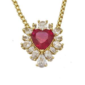 Copper Necklace Heart Micro Pave Red Crystal Glass Gold Plated, approx 19-22mm, 2mm, 40-45cm length