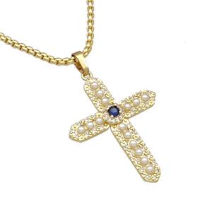 Copper Cross Necklace Micro Pave Pearlized Resin Gold Plated, approx 25-32mm, 2mm, 40-45cm length
