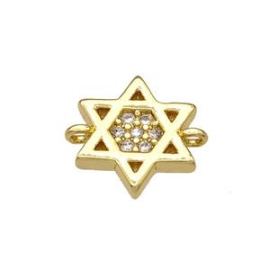 Copper David Star Connector Micropave Zirconia Gold Plated, approx 10mm
