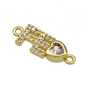Copper FE Heart Connector Pave Zircon Gold Plated, approx 7-13mm