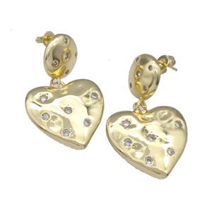 Copper Heart Stud Earrings Pave Zirconia Gold Plated, approx 12mm, 21mm