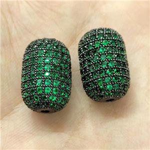 Copper Barrel Beads Micro Pave Green Zirconia Black Plated, approx 12-18mm