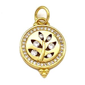 Copper Circle Pendant Micro Pave Zirconia Flower Gold Plated, approx 14mm