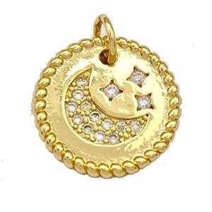 Copper Circle Pendant Micro Pave Zirconia Moon Star Gold Plated, approx 17.5mm
