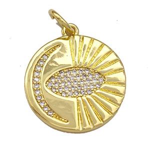 Copper Circle Pendant Micro Pave Zirconia Moon Gold Plated, approx 18mm