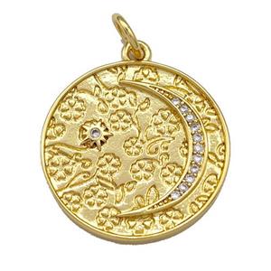Copper Circle Pendant Micro Pave Zirconia Moon Gold Plated, approx 21mm