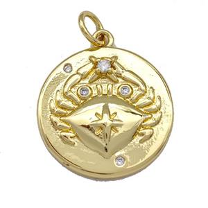 Copper Circle Pendant Micro Pave Zirconia Crab Charms Gold Plated, approx 20mm