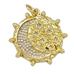 Copper Circle Pendant Micro Pave Zirconia Moon Gold Plated, approx 22mm