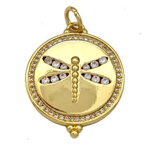 Copper Circle Pendant Micro Pave Zirconia Dragonfly Gold Plated, approx 21mm