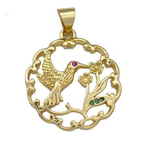 Copper Birds Pendant Micro Pave Zirconia Flower Gold Plated, approx 20mm