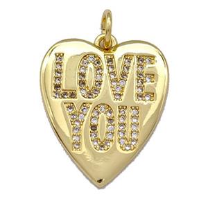 Copper Heart Pendant Micro Pave Zirconia LOVE YOU Gold Plated, approx 19-23mm