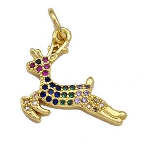 Christmas Deer Copper Charms Pendant Micro Paved Zirconia Gold Plated, approx 15-18mm