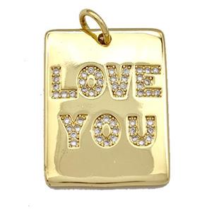 LOVE YOU Copper Rectangle Pendant Micro Pave Zirconia Gold Plated, approx 18-22mm