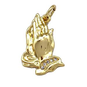 Prayer Charms Copper Hand Pendant Micro Pave Zirconia Gold Plated, approx 10-20mm