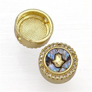 Copper Button Beads Pave Abalone Shell Zircon Hand 18K Gold Plated, approx 12mm