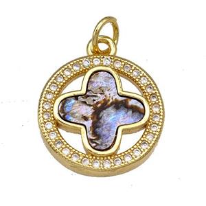 Copper Circle Pendant Pave Abalone Shell Clover 18K Gold Plated, approx 16mm