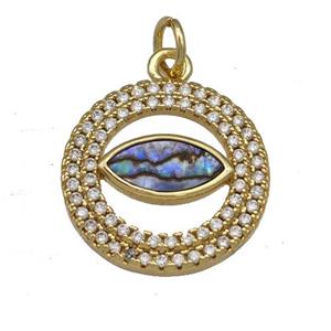 Copper Circle Pendant Pave Abalone Shell Eye 18K Gold Plated, approx 17mm