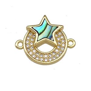 Copper Circle Star Connector Pave Abalone Shell Zircon 18K Gold Plated, approx 13mm