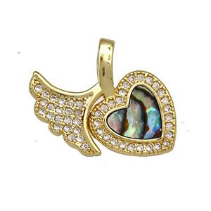Copper Heart Pendant Pave Abalone Shell Zircon Tail 18K Gold Plated, approx 11-19mm