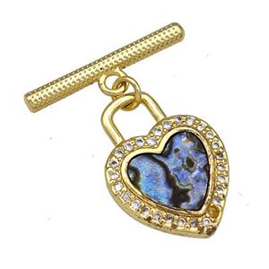 Copper Heart Lock Toggle Clasp Pave Abalone Shell Zircon 18K Gold Plated, approx 12mm, 17mm