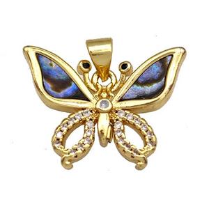 Copper Butterfly Pendant Pave Abalone Shell Zircon 18K Gold Plated, approx 17-21mm