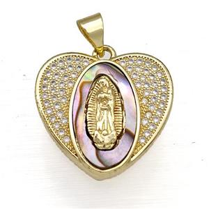 Copper Heart Pendant Pave Abalone Shell Zircon Virgin Mary 18K Gold Plated, approx 20mm