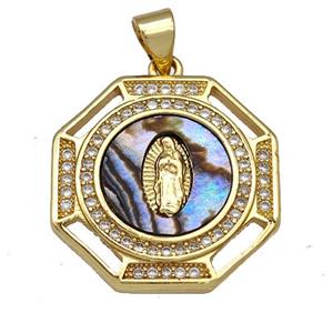 Copper Octagon Pendant Pave Abalone Shell Zircon Religious Virgin Mary 18K Gold Plated, approx 20mm