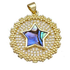Copper Circle Pendant Pave Abalone Shell Zircon Star 18K Gold Plated, approx 23mm