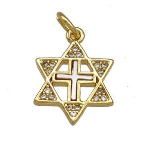 Copper David Star Pave Shell Zircon Cross 18K Gold Plated, approx 14mm