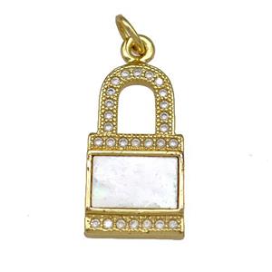 Copper Lock Pendant Pave Shell Zirconia 18K Gold Plated, approx 10-19mm