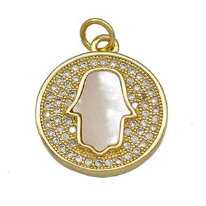 Copper Circle Hamsahand Pendant Pave Shell Zirconia 18K Gold Plated, approx 17mm