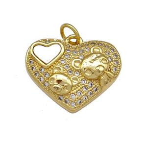 Copper Heart Pendant Pave Shell Zirconia Bear Charms 18K Gold Plated, approx 14-19mm