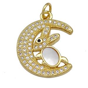Copper Moon Rabbit Charms Pendant Pave Shell Zirconia 18K Gold Plated, approx 17-18mm