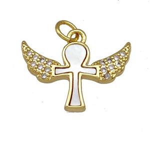 Ankh Angel Wings Charms Copper Pendant Pave Shell Zirconia 18K Gold Plated, approx 14-20mm