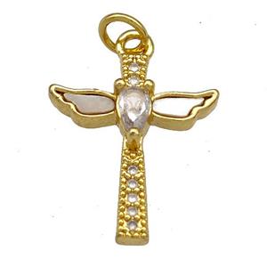 Copper Angel Wings Pendant Pave Shell Zirconia 18K Gold Plated, approx 16-20mm