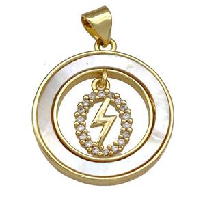 Copper Circle Pendant Pave Shell Zircon Lightning 18K Gold Plated, approx 21mm