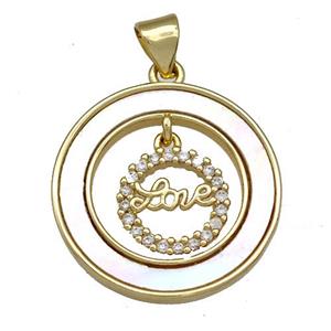 Copper Circle Pendant Pave Shell Zircon Love 18K Gold Plated, approx 21mm