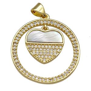 Copper Circle Pendant Pave Shell Zircon Heart 18K Gold Plated, approx 14mm, 25mm