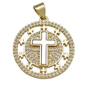 Copper Circle Pendant Pave Shell Zircon Cross 18K Gold Plated, approx 22mm